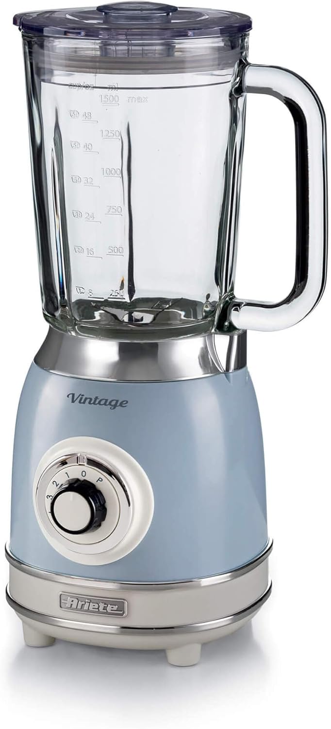 Ariete Vintage 58305 Glass Jug Blender, 1000W, 1.5 Litre Capacity Glass Jug, 4 Speeds + Pulse, Ice Crush Function, Anti Slip Feet, Stainless Steel Blades, Blue