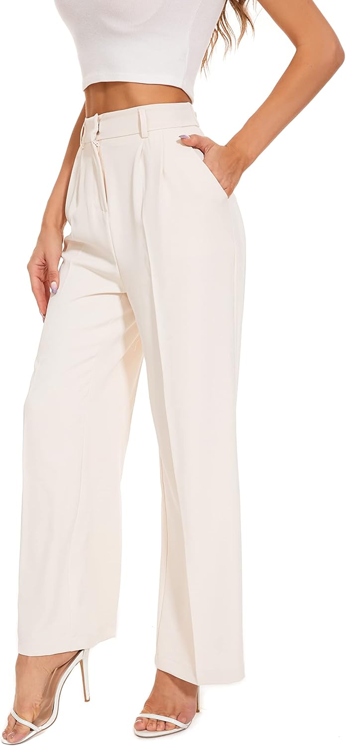 FUNYYZO Wide Leg Pants Women's High Elastic Waisted in The Back Business Work Trousers Long Straight Suit Pants