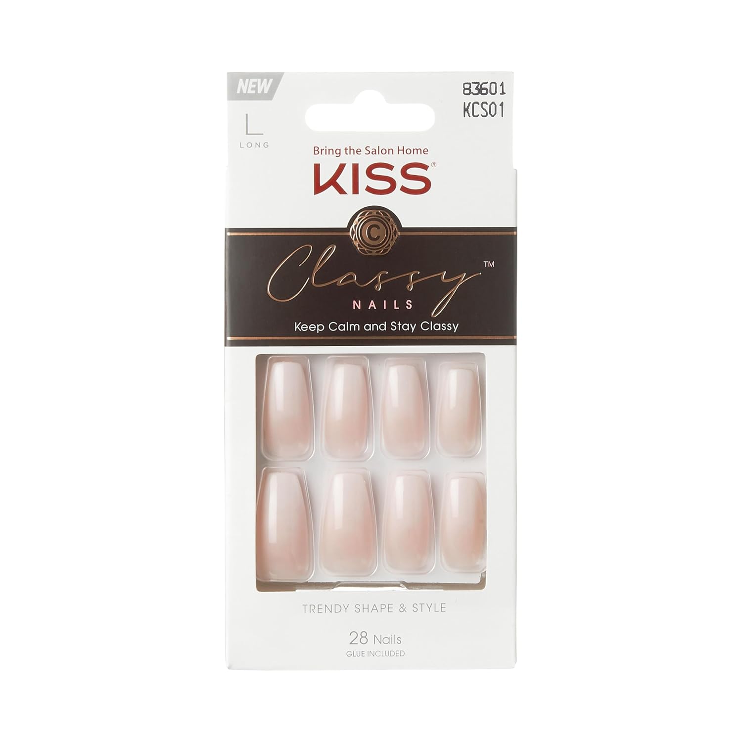 KISS Classy French Nail Manicure Kit with Gel Finish, Long, Coffin Shaped, Includes Mini Nail File, Manicure Stick, 28 Fake Nails & Pink Glue (Net Wt. 2 g), 'Be-You-Tiful', 28 Count