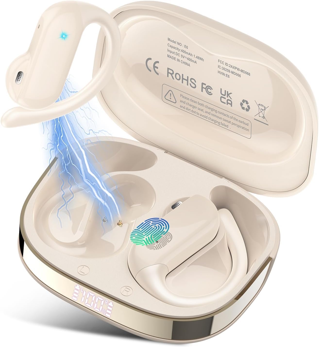 Open Ear Earbuds, Bluetooth 5.4 Wireless Earbuds with Ear Hooks, 32H HiFi Stereo Open Ear Headphones with Clear Calls, IPX7 Lightweight Air Conduction Headphones,Ivory White