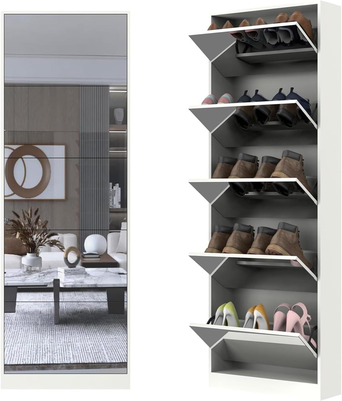 Tall Shoe Cabinet with Full Length Mirror, 5 Tiers Narrow Shoe Storage Cabinet with Flip Drawer, Hidden Shoe Rack Organizer for Entryway