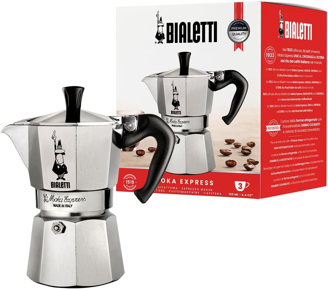 Bialetti - Moka Express: Iconic Stovetop Espresso Maker, Makes Real Italian Coffee, Moka Pot 3 Cups (4.3 Oz - 130 Ml), Aluminium, Silver