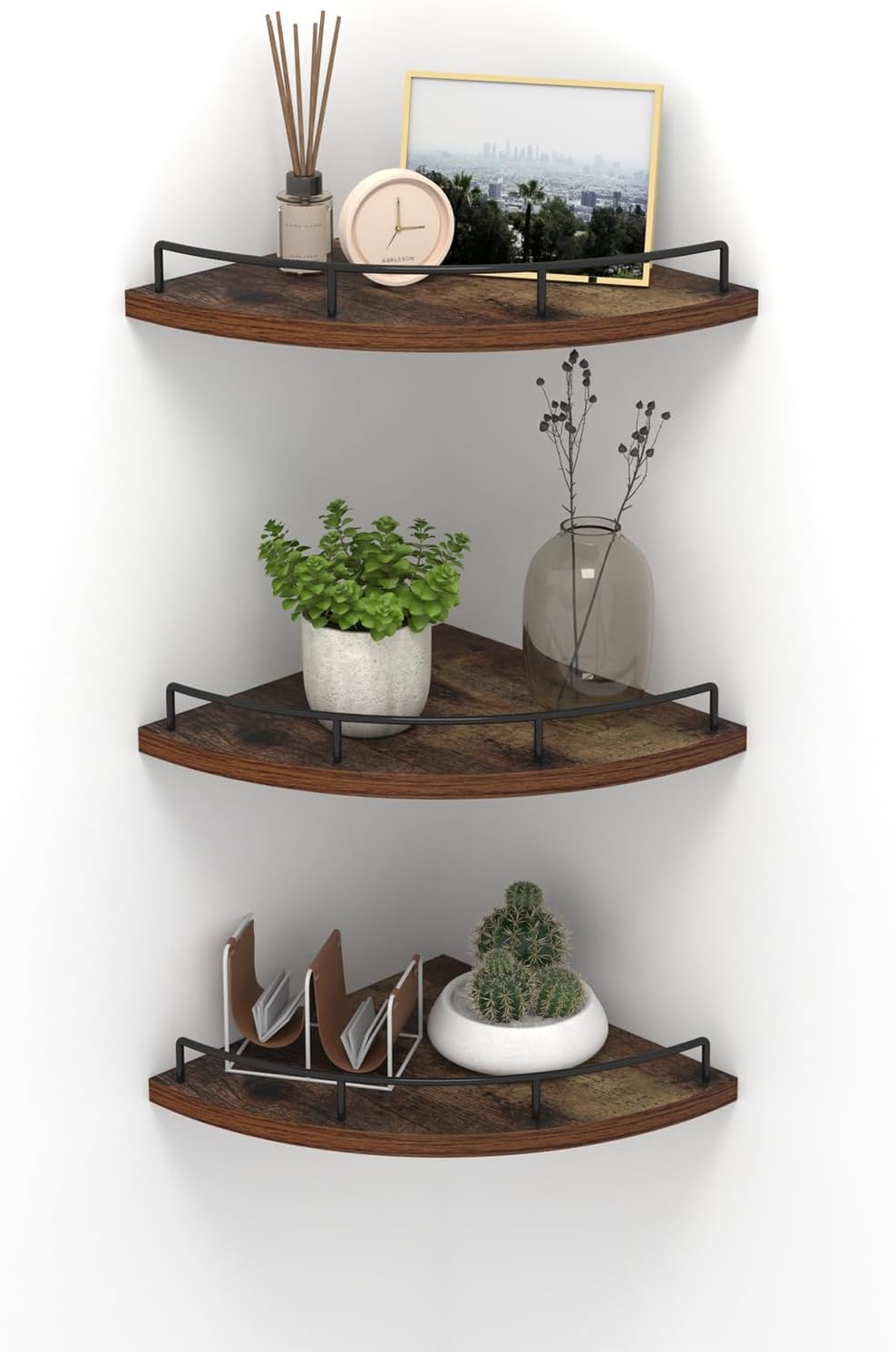 HORLIMER Floating Corner Shelf Wall Mount, Set of 3 Rustic Wood Corner Wall Shelves with Fence for Bedroom, Living Room, Bathroom, Kitchen, Brown