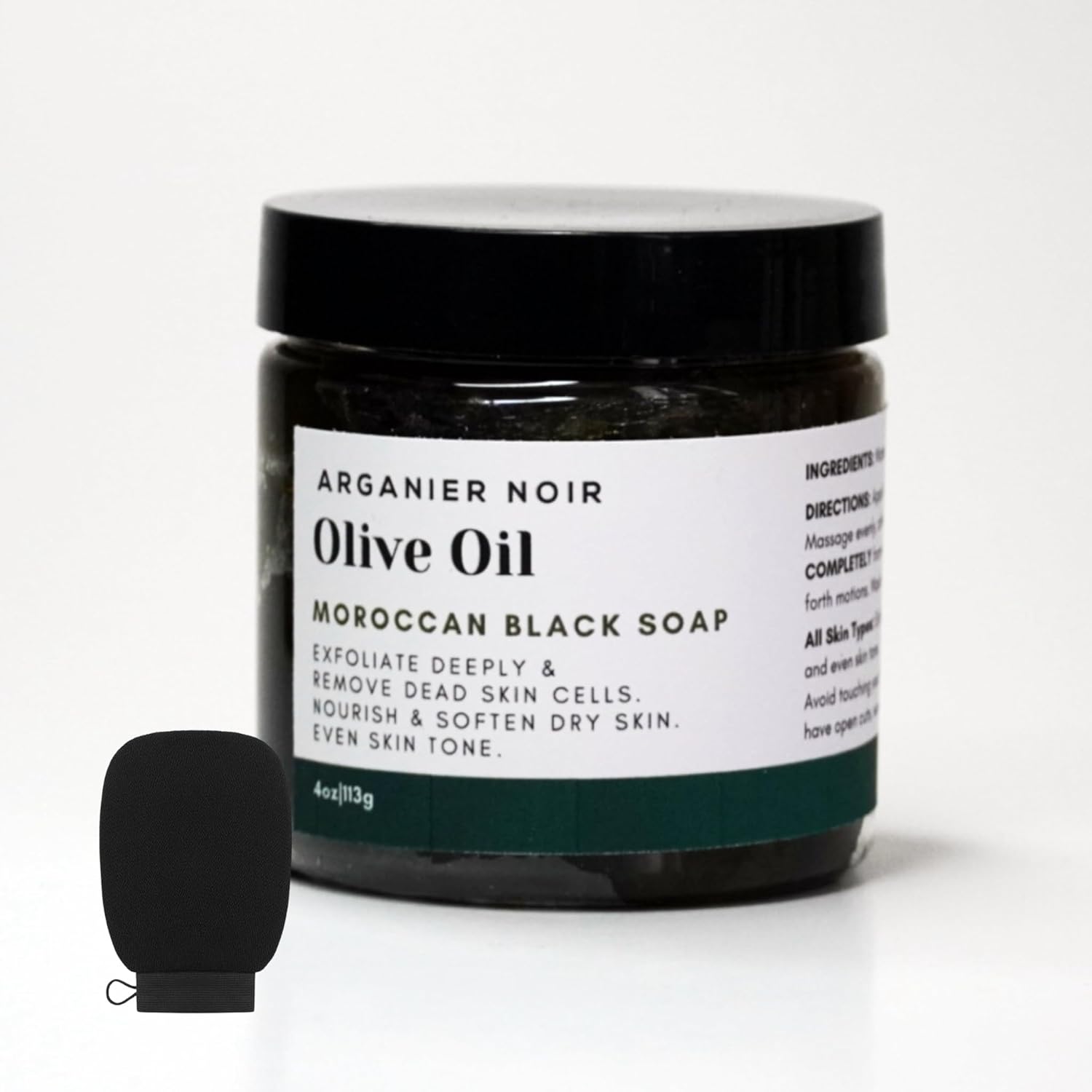 Arganier Noir Moroccan Black Soap with Olive Oil and Kessa Glove (Hammam Set) Deep Clean and Exfoliate Dead Skin Cells