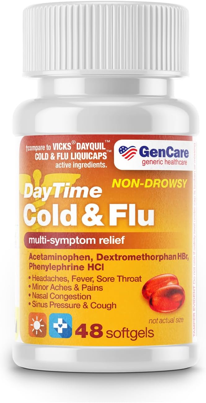 GenCare - Multi Symptom Non Drowsy Daytime Cold & Flu Relief Acetaminophen 325mg, Dextromethorphan HBr 10mg, Phenylephrine HCl 5mg (48 Softgels) Non Habit Forming Pain Reliever & Nasal Decongestant