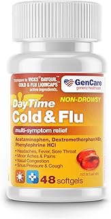 GenCare - Multi Symptom Non Drowsy Daytime Cold & Flu Relief Acetaminophen 325mg, Dextromethorphan HBr 10mg, Phenylephrine HCl 5mg (48 Softgels) Non Habit Forming Pain Reliever & Nasal Decongestant