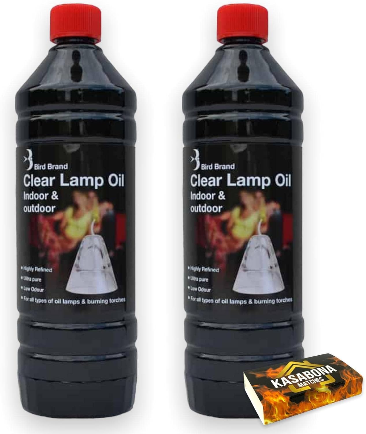 Bird Brand Clear Lantern Torch and Lamp Oil 1L Indoor & Outdoor Use for Oil Lamps & Burning Torches - Pack Includes KasaBona Safety Matches (2 Pack)