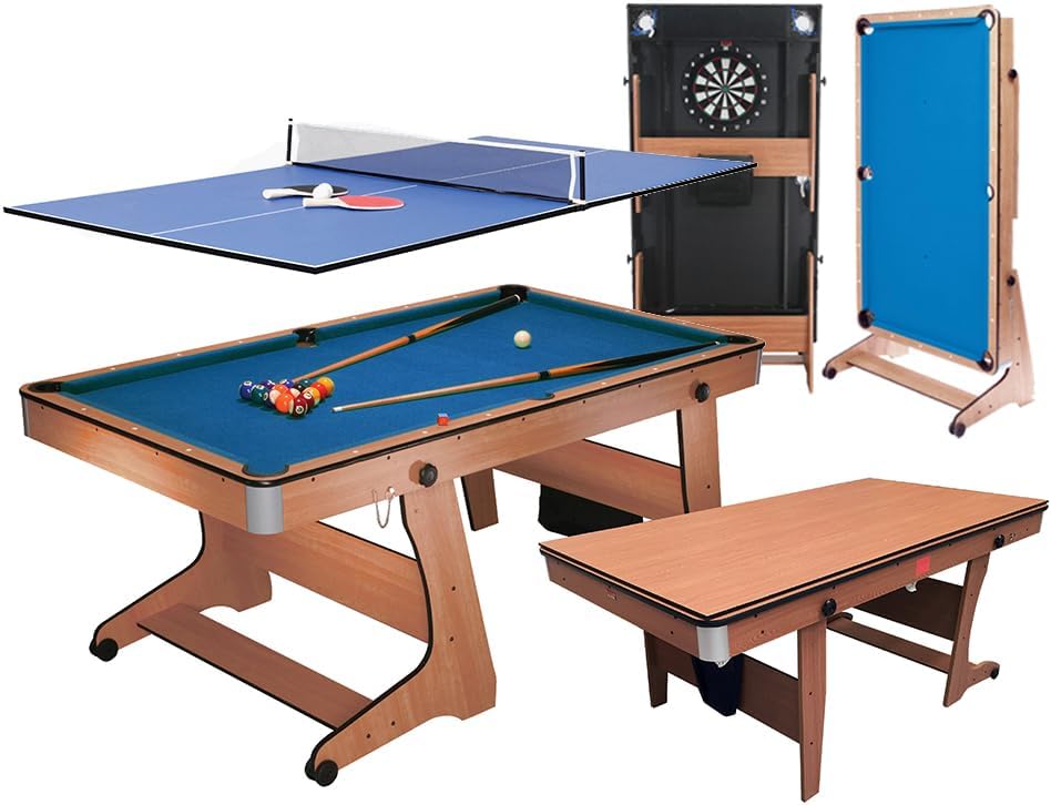 BCE 6ft 3-in-1 Folding Pool Table with Table Tennis Top & Soft Tip Dart Board with Desk Top - Easy to Move - All Accessories Included
