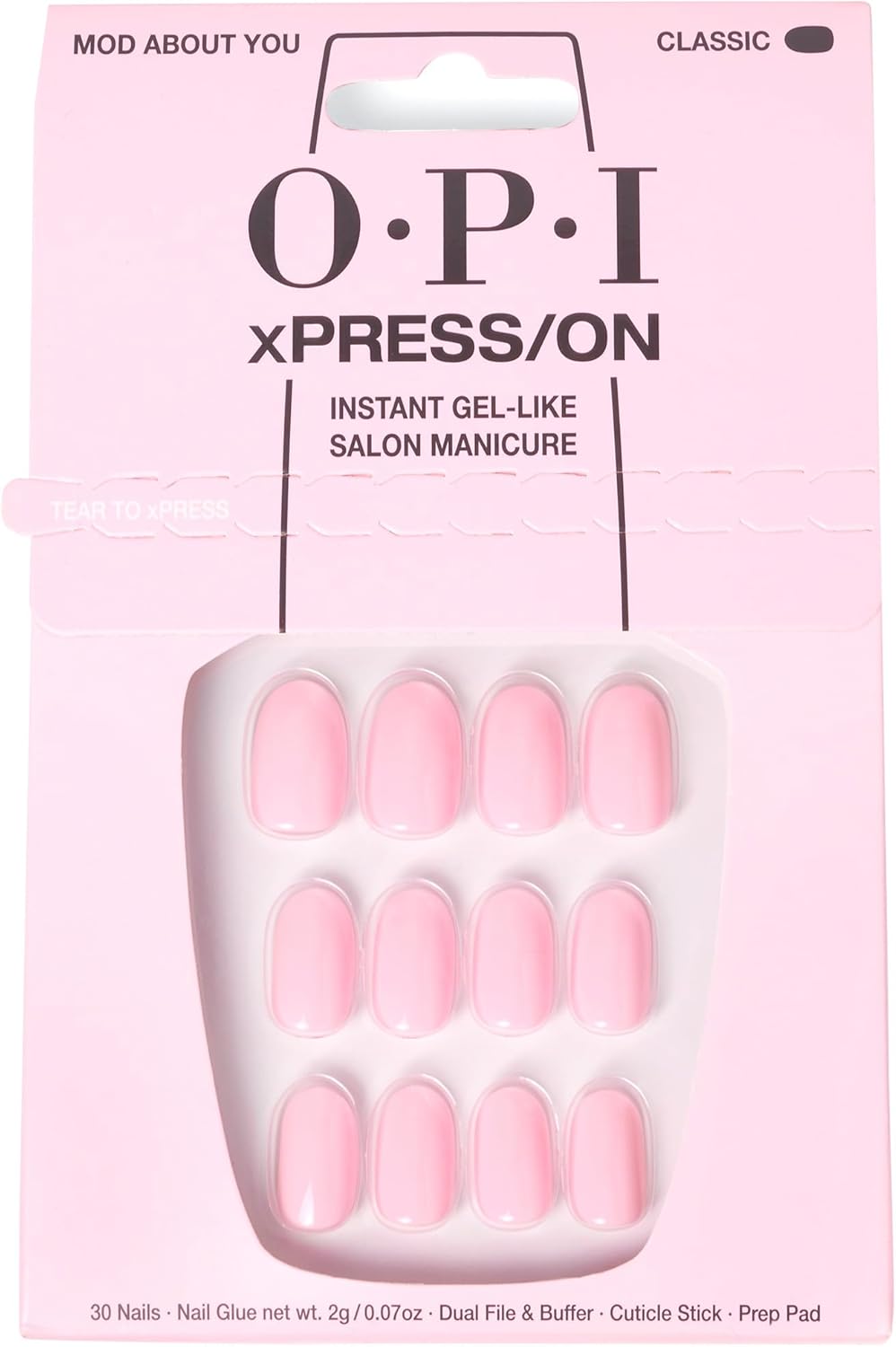 OPI xPRESS-ON Mod About You - Light Pink Short and Round Shaped Press On Nails - With Nail Glue - Long Lasting, Reusable and Non-Damaging False Nails