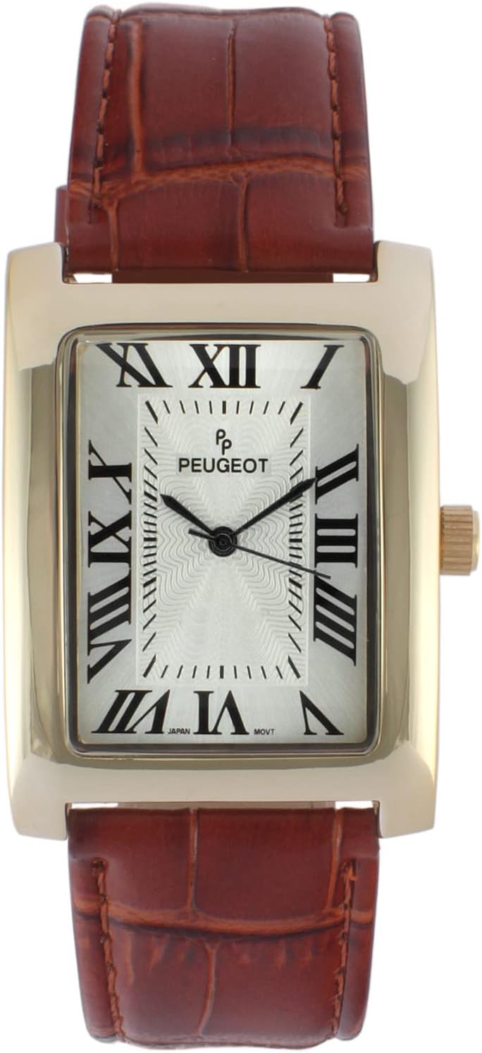 Peugeot Men's Vintage Tank 14K Gold Plated Roman Numeral Leather Watch