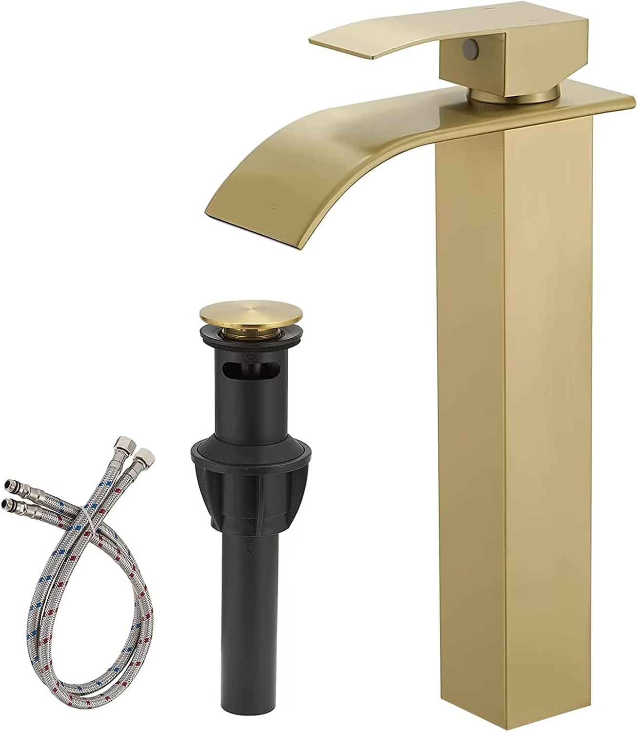 BWE Vessel Sink Faucet Modern Waterfall Brushed Gold Single Hole Bathroom Faucet Single Handle with Pop up Drain Without Overflow Assembly Vanity Basin Bath Sink Faucets Mixer Tap