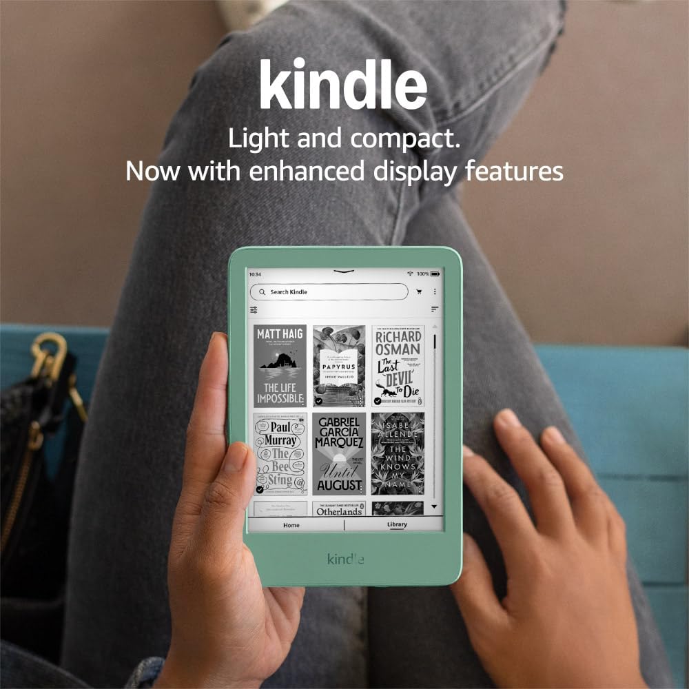 New Amazon Kindle (16 GB) – Lightest and most compact Kindle with glare-free display, faster page turns, adjustable front light and long battery life – With Ads – Matcha Green + Kindle Unlimited