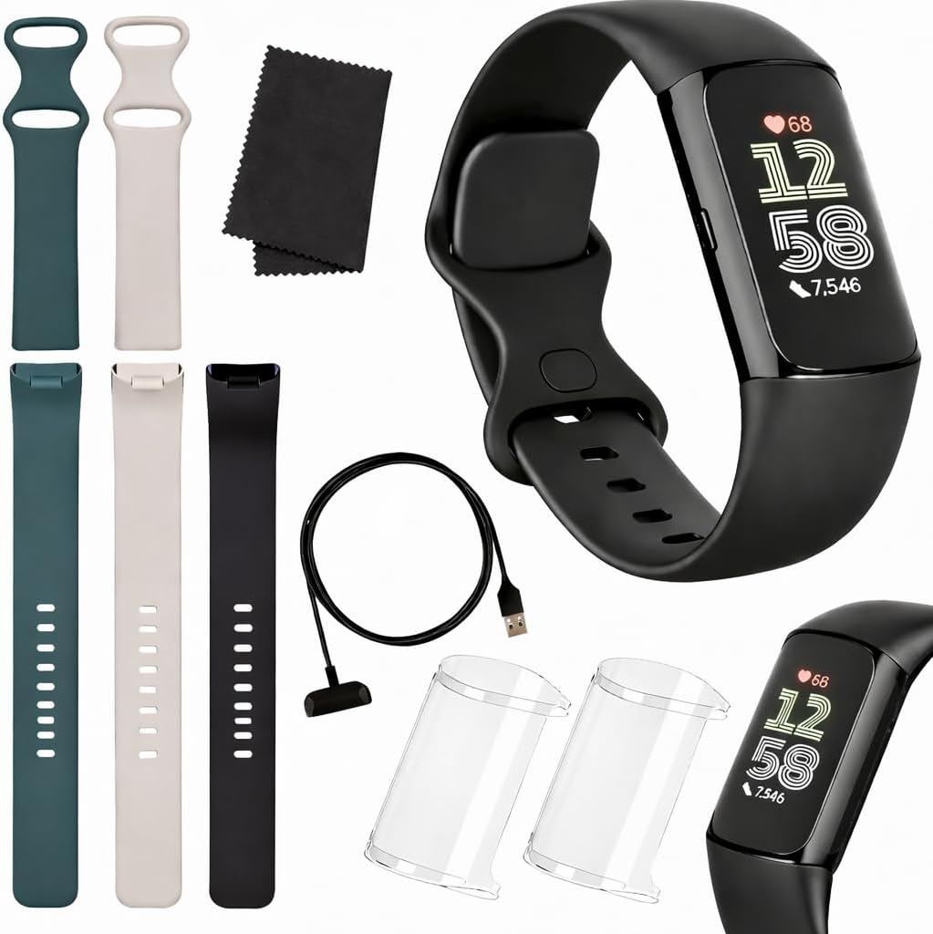 Fitbit Charge 6 Fitness Tracker (Bundle) – Black/Obsidian – Heart Rate, GPS, Sleep & Stress Tracking + Fast Charger, & Cleaning Cloth (Black)