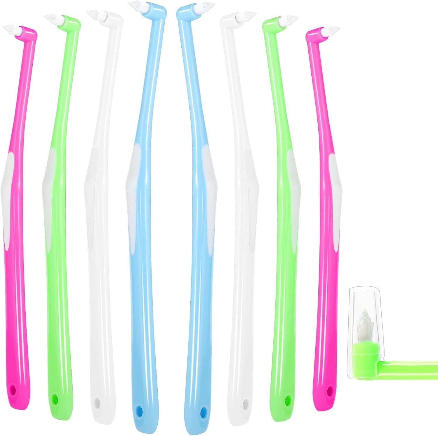 RAYITO 8 Pcs Interspace Toothbrush, Soft Single Tufted Toothbrush with Cover Slim Interspace toothbrushes interdental Brushes for Orthodontic Braces Detail Cleaning(Blue/Green/Rose Red/White)