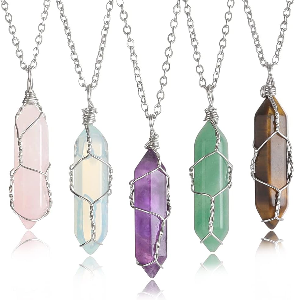 Lezam 5 Pcs Natural Hexagonal Crystal Necklace for Women Reiki Healing Crystals Pendant with Tree Wire Wrapped Gemstone Quartz Stone Pendants Necklaces