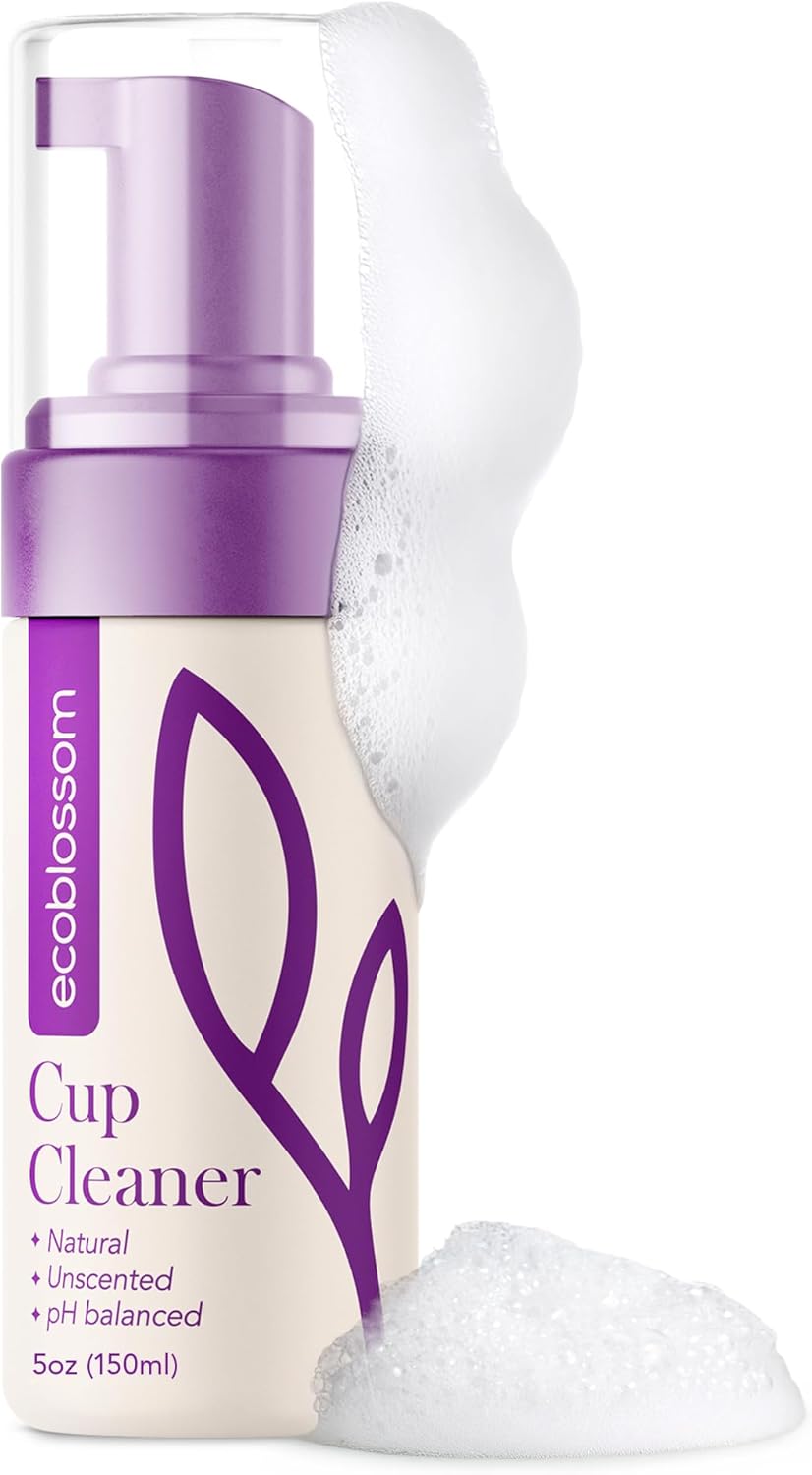 EcoBlossom Menstrual Cup Cleaner - Unscented Foaming Sterilizer Wash for Silicone Period Discs - Wipes Clean, Organic Ingredients, Natural, pH-Balanced - 5oz