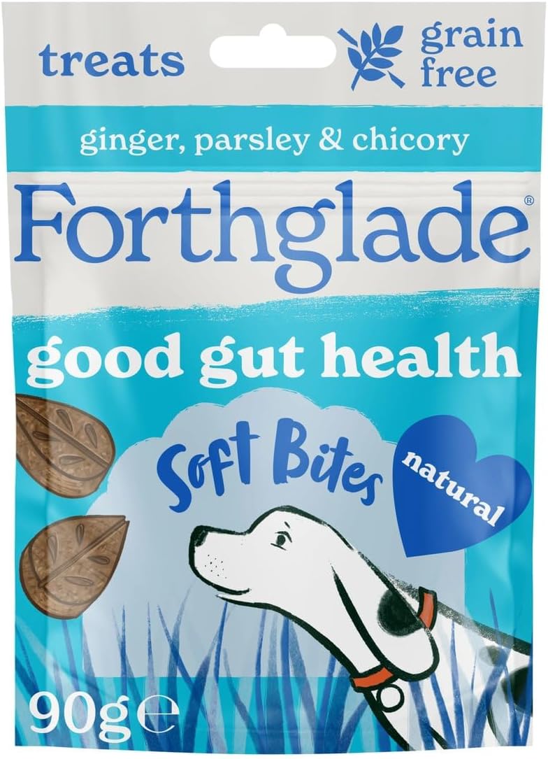 Forthglade Natural Dog Treats (8 x 90g Bags) - Hypoallergenic & Grain Free Dog Treats with Chicken, Ginger, Parsley & Chicory, Soft Bites for Good Gut Health, Resealable Bags