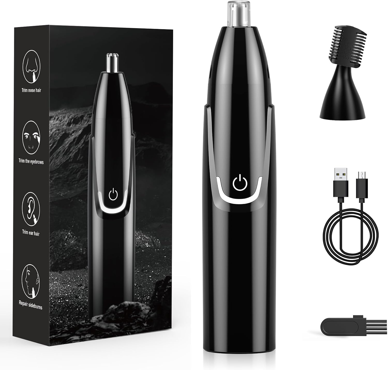 Ear and Nose Hair Trimmer - 2024 Professional Painless 2-in-1 Eyebrow & Facial Hair Trimmer for Men and Women, Powerful Motor and Dual-Edge Blades for Smoother Cutting, Black