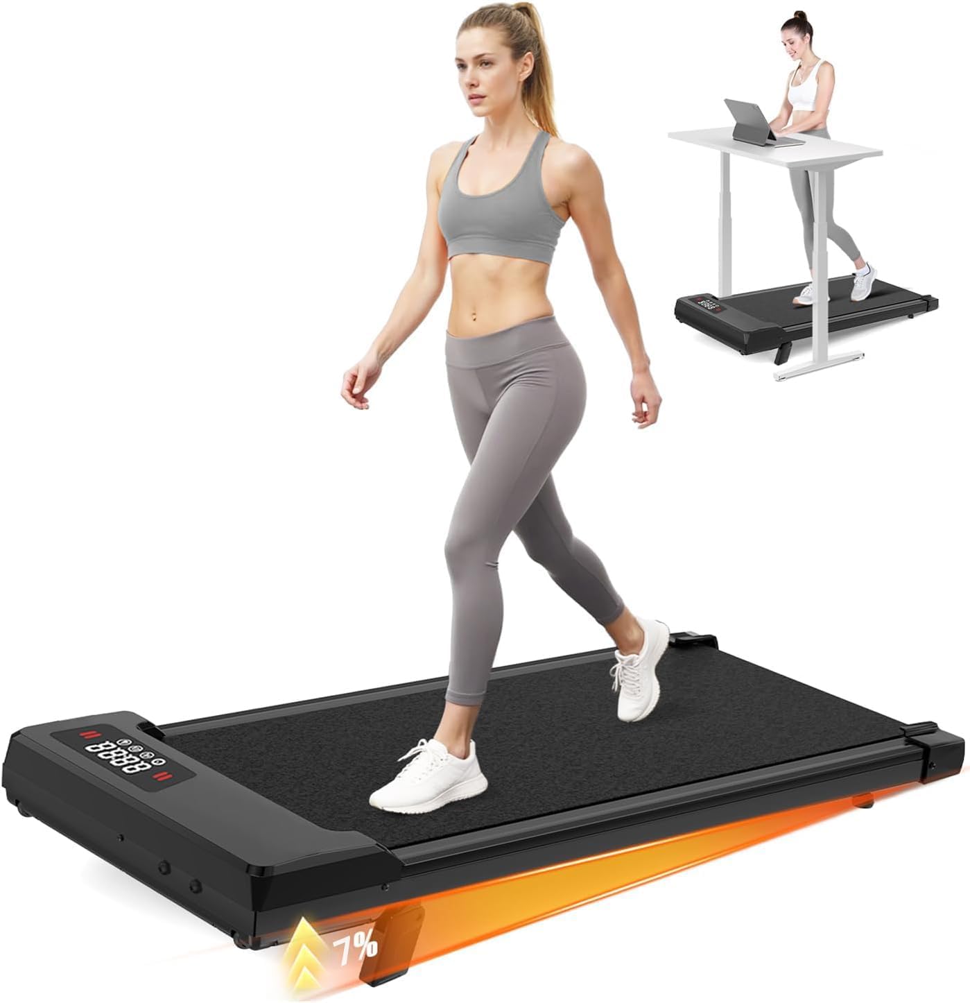 HomeFitnessCode Walking Pad Treadmill 8% Incline, Treadmills for Home, 2.5HP Portable Electric Under Desk Treadmill with LED Display & Remote, Adjustable Speed, No Assembly