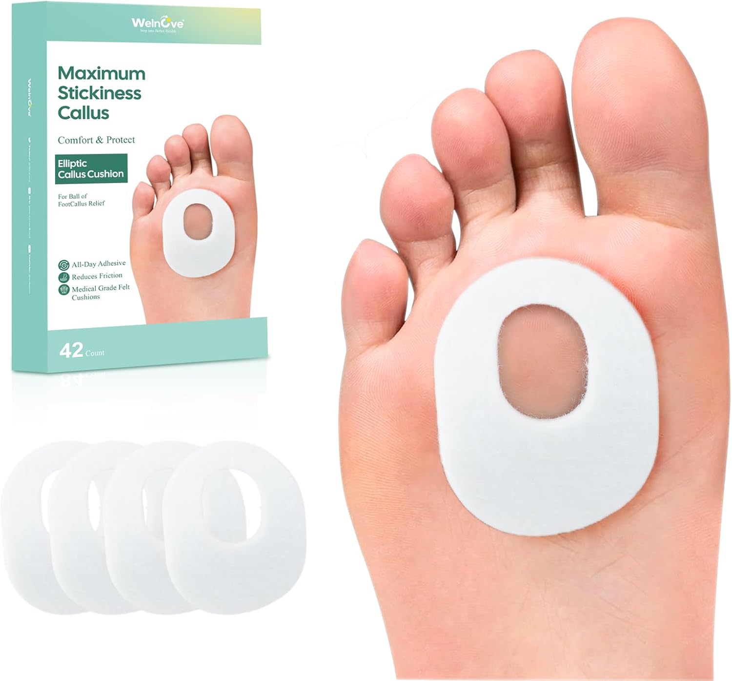 Welnove 42pcs Callus Pad with Water-Resistant Self-Stick Adhesive, Protects Foot, Heel and Toes from Rubbing and Friction,Oval Shape Design,Reduce Pressure and Friction from Shoes Rubbing-White