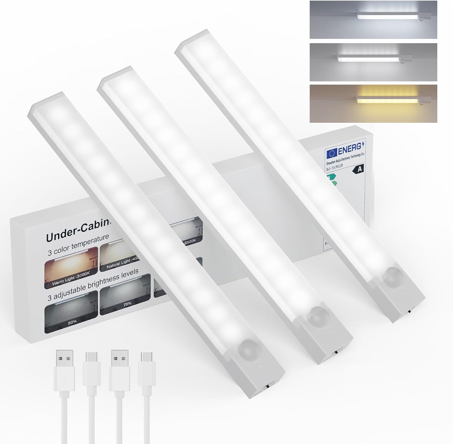 Under Cabinet Lighting 8 Inches Rechargeable Motion Sensor Light Indoor, 3 Color Dimmable Closet Light Battery Operated, USB Stick on LED Magnetic Under Counter Lights for Kitchen Stair, 3 Packs