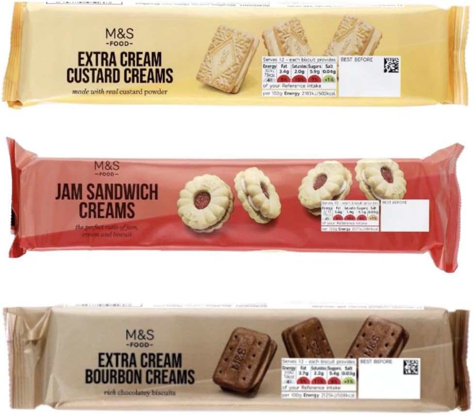 M&S Biscuits Variety Pack - Indulge in Extra Cream Custard Creams, Jam Sandwich Creams, and Extra Cream Bourbon Creams (Set of 3 Packs) - Bundled by Black Nore Gifts