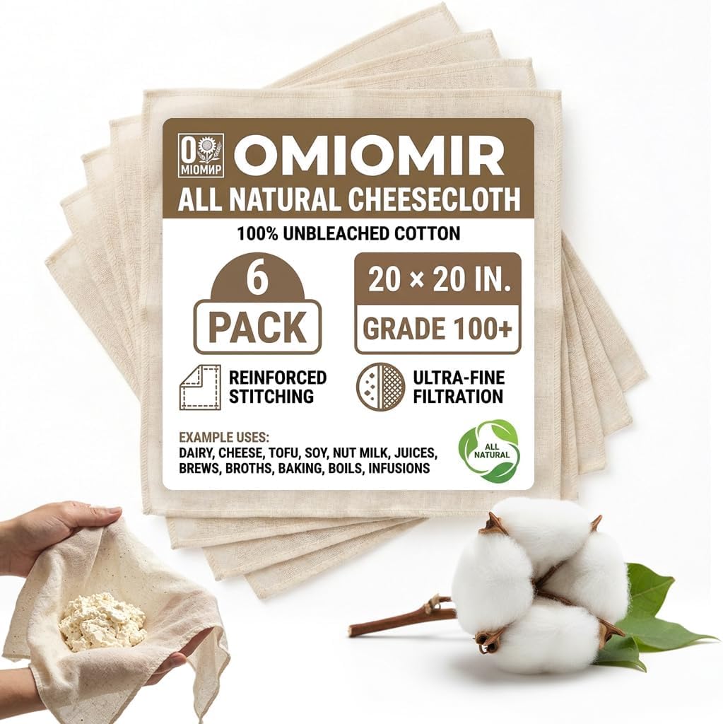 6PK Large Reusable Cheesecloths, 20x20 Inch Grade 100+ Cheese Cloth, All Natural Unbleached Cotton Stitched Edges, Kitchen Cooking Baking, Straining, Seafood Boils, Cheese, Yogurt, Tofu, Soy, Nut Milk
