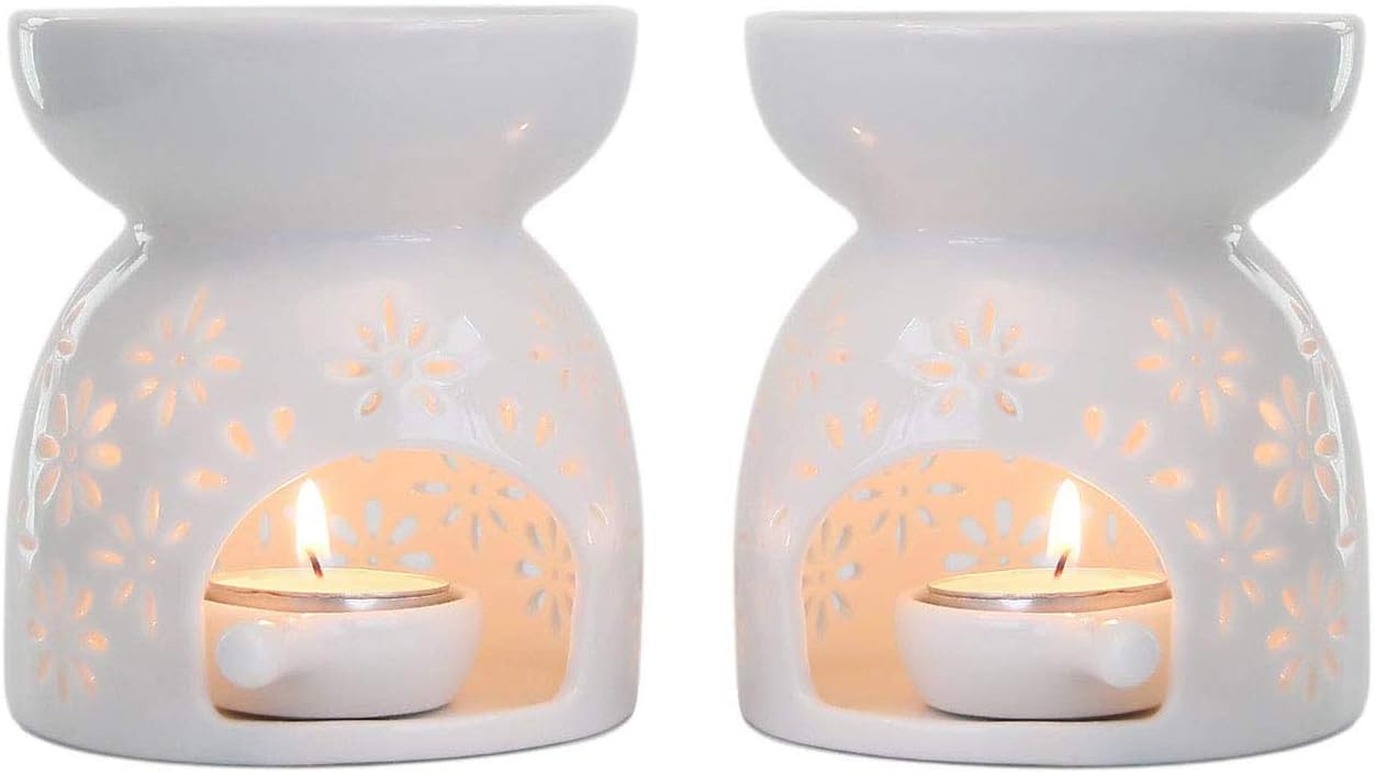 ComSaf Wax Melt Burners Essential Oil Burners Set of 2 - Flower Pattern, Lovely Aromatherapy Aroma Burner Ceramic Lamp Diffuser Candle Tealight Holder Home Bedroom Decor Christmas Housewarming Gift