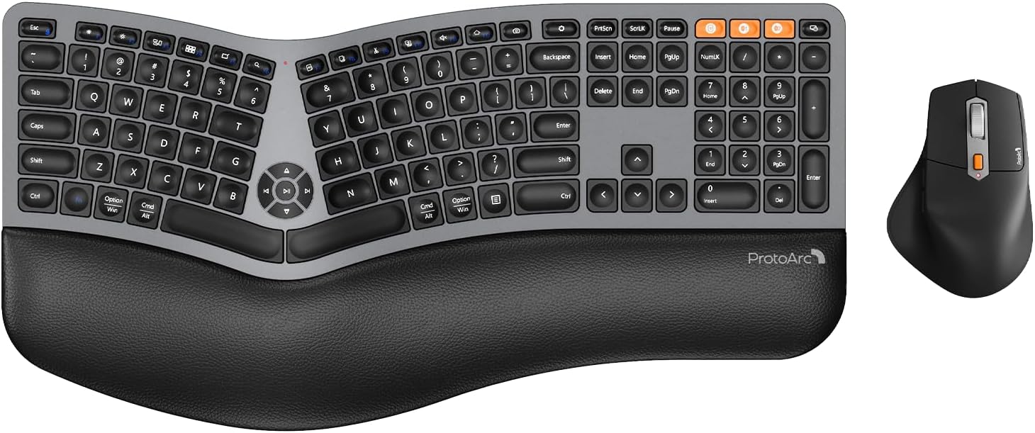 ProtoArc Ergonomic Wireless Keyboard Mouse, EKM01 Plus Full Size Ergo Bluetooth Keyboard Mouse Combo, Split Design, Wrist Rest, Multi-Device, Rechargeable, for Windows/Mac OS