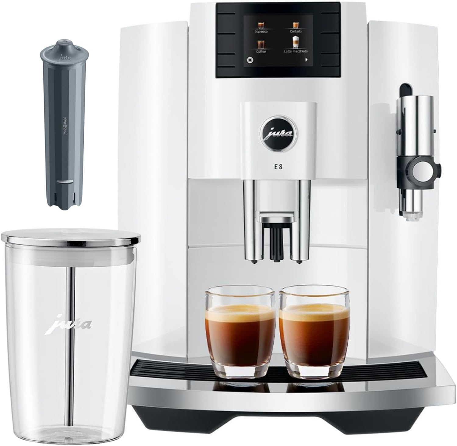 Jura E8 Automatic Espresso Machine,2.8 inches (Piano White) Bundle with Glass Milk Container and Coffee Canister with Measuring Spoon (3 Items)