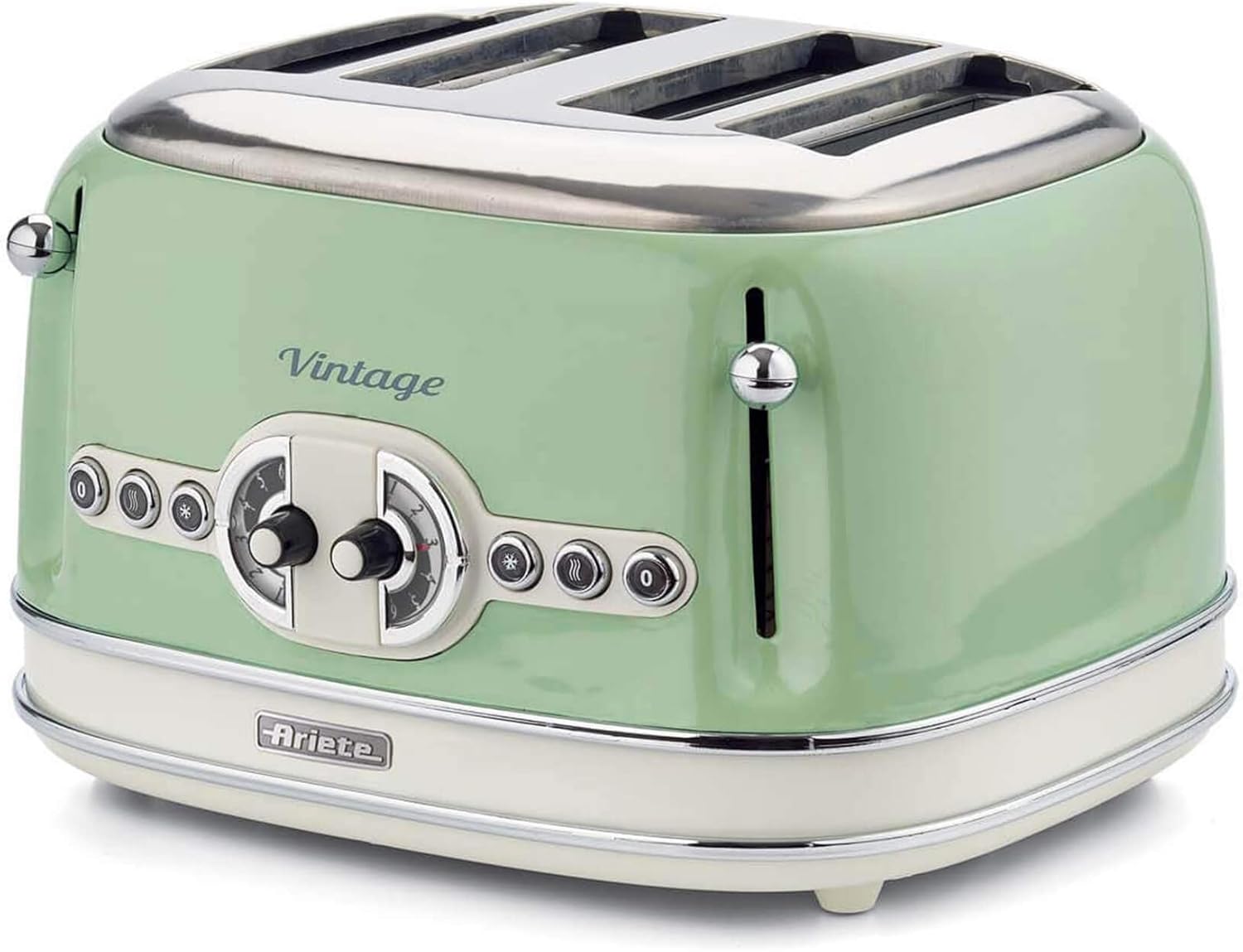 Ariete 0156/04 Retro Style 4 Slice Toaster with 2 Slice Control, 6 Browning Levels and Removable Crumb Tray, Cool Touch Sides, Non-Slip Feet, Vintage Design, Green