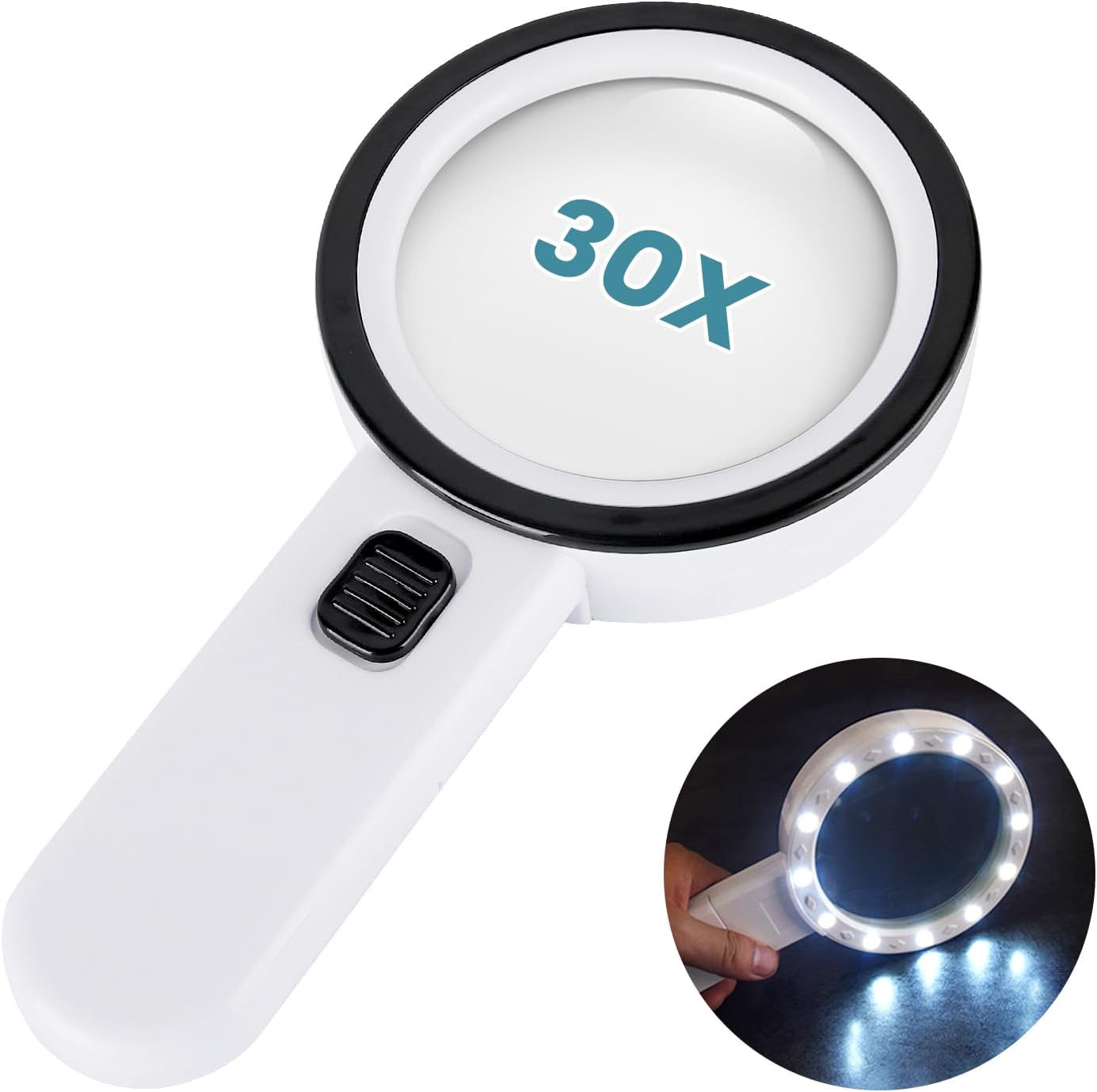 30X Magnifying Glass with Light, Handheld Magnifier Lighted Magnifying Glass with 12 LED Light, Ideal Gift for Seniors, Macular Degeneration, Low Visions Inspection Coins Jewelry