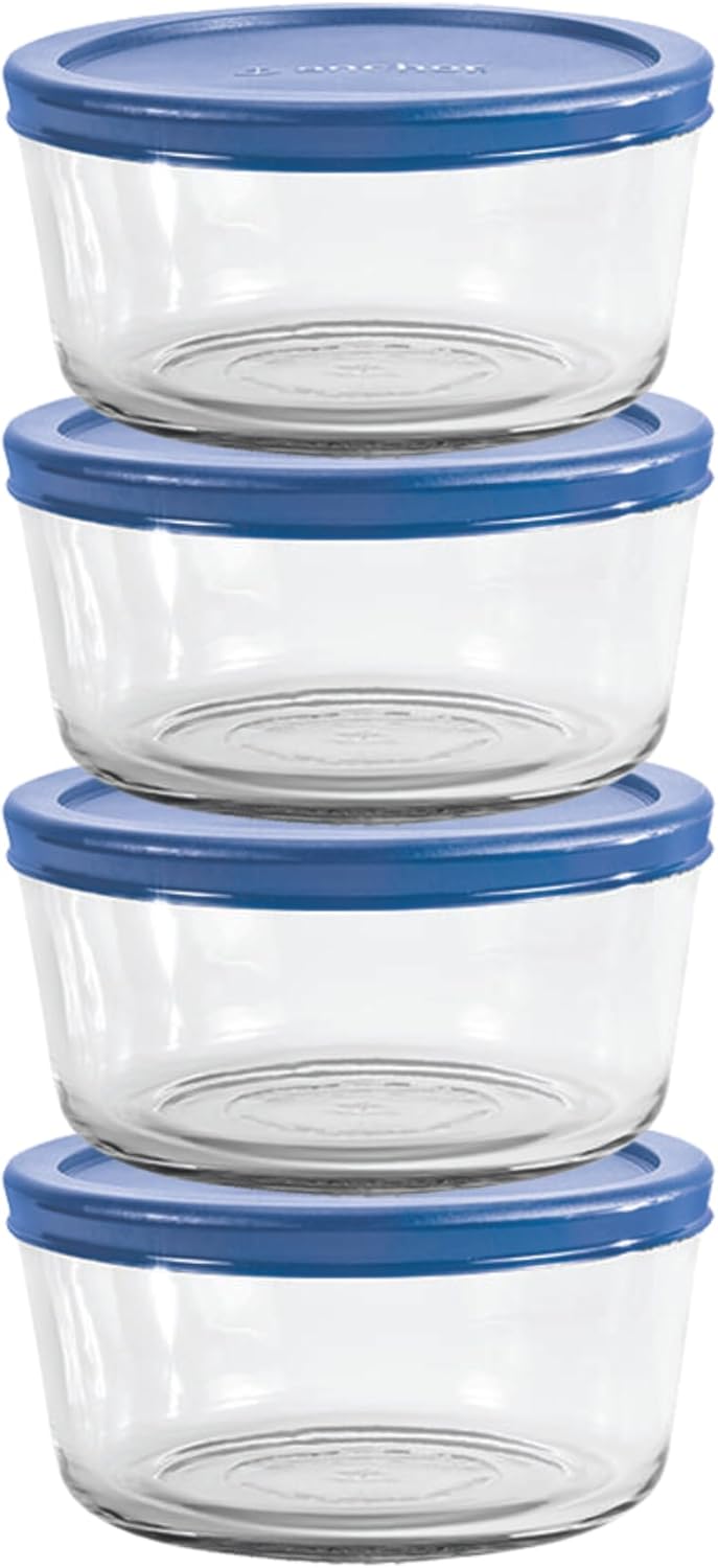 Anchor Hocking 2 Cup Glass Storage Containers with Lids, Set of 4 Glass Food Storage Containers with Blueberry SnugFit Lids