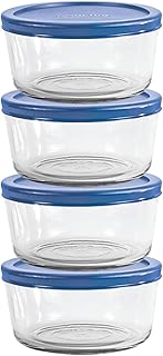 Anchor Hocking 2 Cup Glass Storage Containers with Lids, Set of 4 Glass Food Storage Containers with Blueberry SnugFit Lids