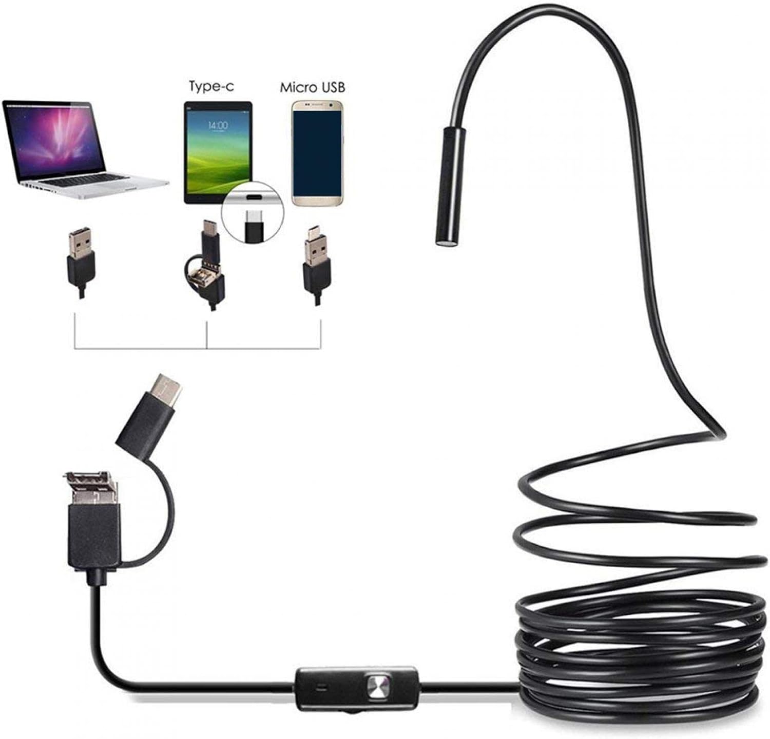 Kisbeibi Endoscope, 3 In 1 Inspection Camera Borescope HD Waterproof Snake Camera Pipe Drain with 6 Adjustable Led Light Snake Cable USB Adapter for Android Phone Tablet Device(size:1M)
