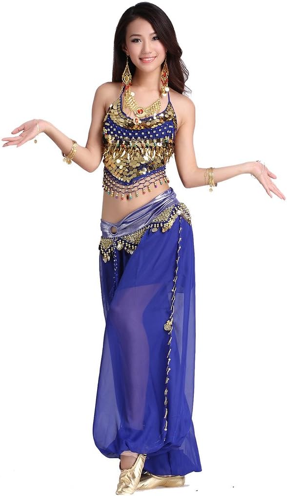 Lady's Belly Dance Chiffon Banadge Top and Lantern Coins Pants