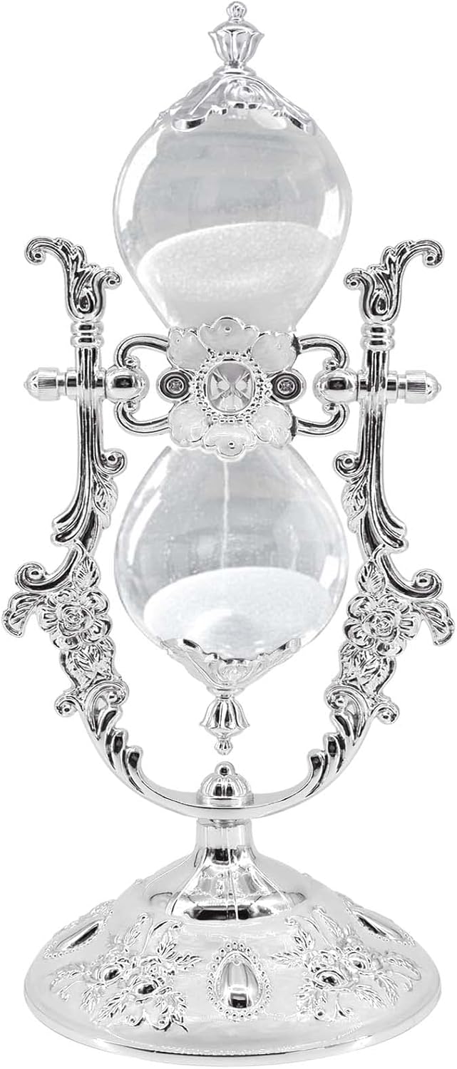 Hourglass Sand Timer Decorative,11.8inch Tall,360° Rotating Metal White Sand Watch 30 Min,Antique Hour Glass Decor for Office Desk- Crafts,Ornaments(Silver)