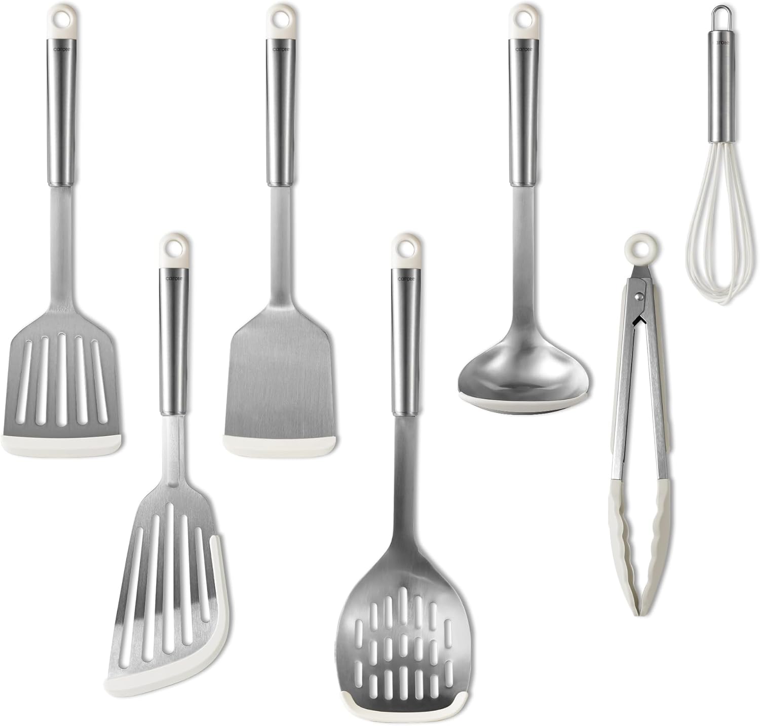 CAROTE 7PCS Cooking Utensils Set, Stainless Steel Kitchen Utensill Set, Kitchen Gadgets for Nonstick Pots and Pans, Utensil Sets with Tongs, Ladle Spatula &Turner, White