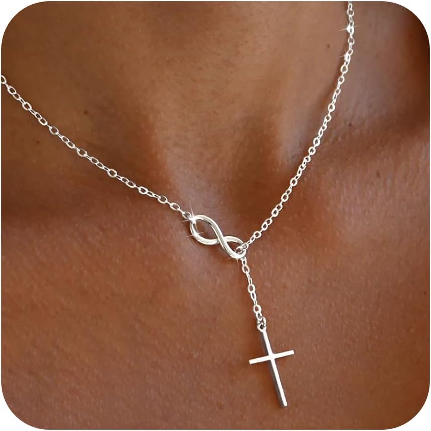 Cross Necklace for Women 14K Gold/Silver Plated Dainty Infinity Long Pendant Charm Necklace Trendy Non Tarnish Waterproof Jewelry Simple Religious Christian Baptism Faith Jewelry Gifts Christmas Socking Stuffer