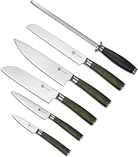 HexClad Essential Knife Set, 6-Piece, Japanese Damascus Stainless Steel Blades, Full Tang Construction, Pakkawood Handles