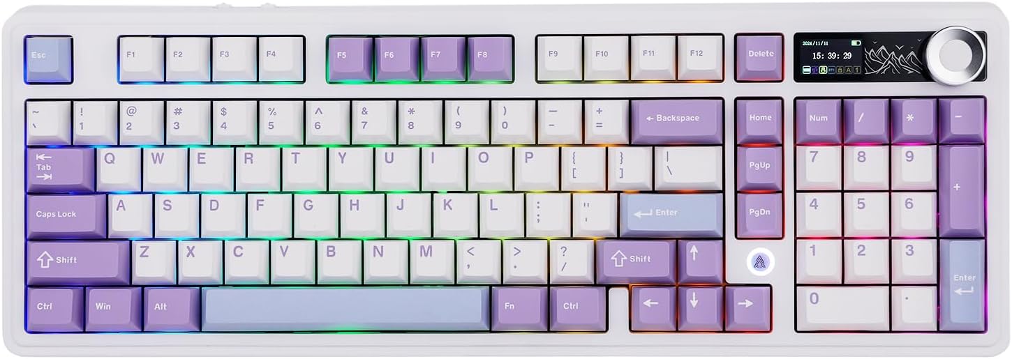 AJAZZ AK980 98% Mechanical Keyboard, BT5.0/USB-C/2.4GHz Wireless Gaming Keyboard, Hot Swappable Creamy Custom Keyboard with 1.14’’ TFT Screen, Knob, RGB for Win/Mac (White, Gift V2 Switch)