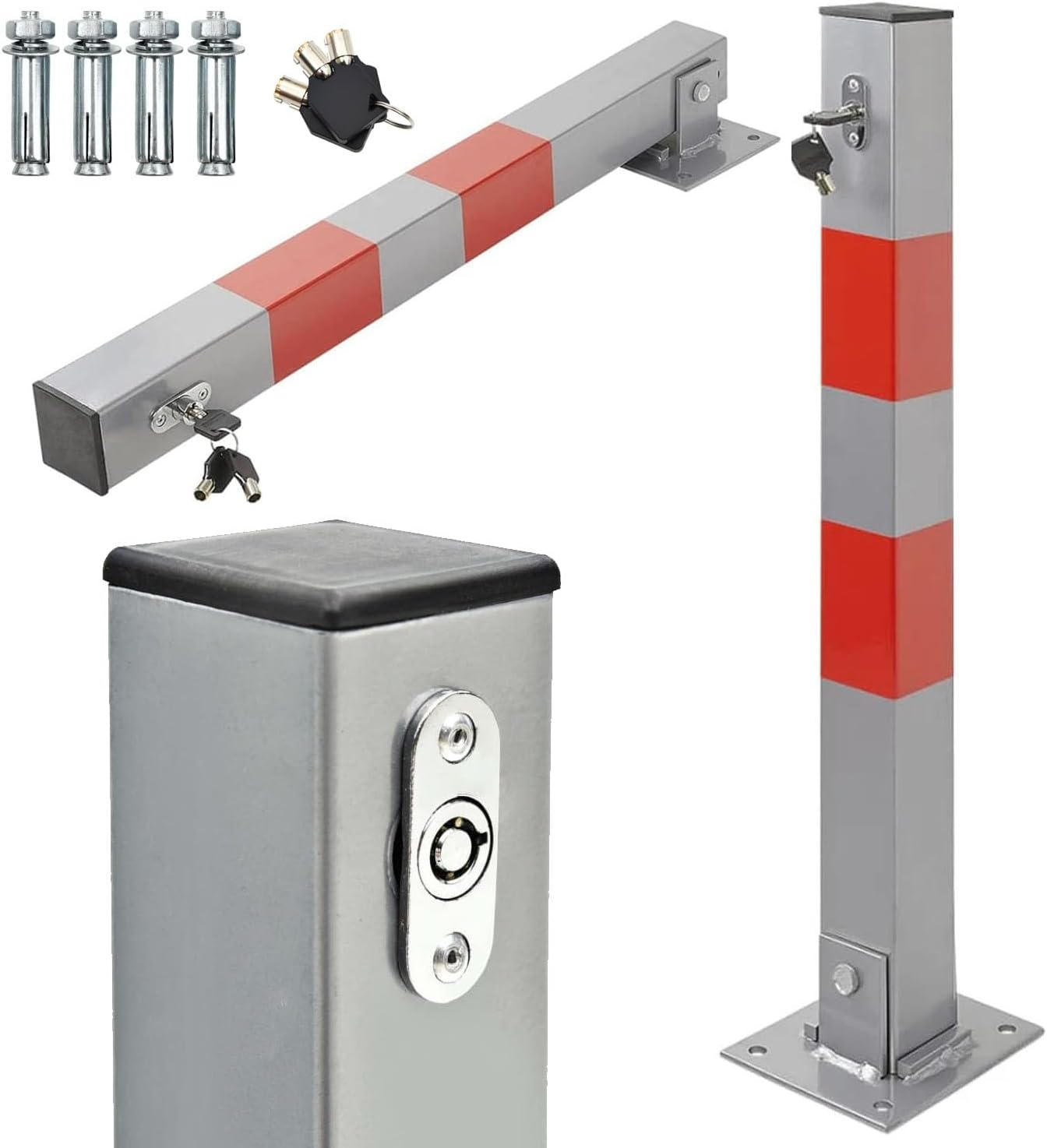 Taylor & Brown Car Parking Space Lock Bollard, Grey and Red Lockable Fold Down Car Parking Barrier Post, Private Car Park Driveway Guard Saver Blocker, Upper Lock, 65cm Height