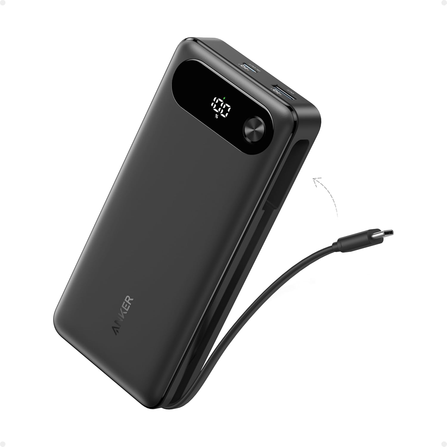 Anker Power Bank, 20,000mAh Portable Charger with Built-in USB-C Cable, 87W Max Fast Charging Battery Pack, for iPhone 16/15/14/13 Series, Samsung, Switch, and More
