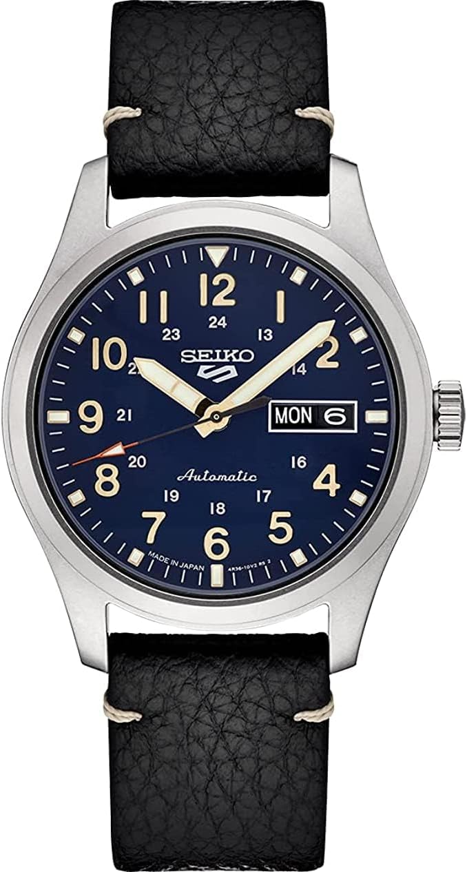 SEIKO SRPG39 Watch for Men - 5 Sports - Automatic with Manual Winding Movement, Blue Dial, Stainless Steel Case, Black Leather Strap, 100m Water Resistant, and Day/Date Display