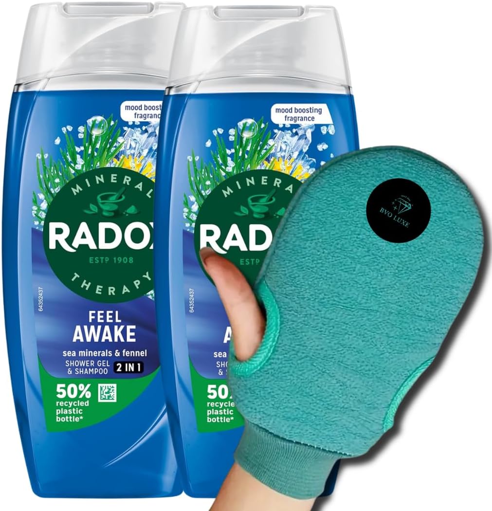 Radox Feel Awake Shower Care Bundle – 2x Mineral Therapy 2-in-1 Shower Gel with Sea Minerals & Fennel (225ml Each) + BVO Luxe Dual-Sided Exfoliating Glove for Men & Women