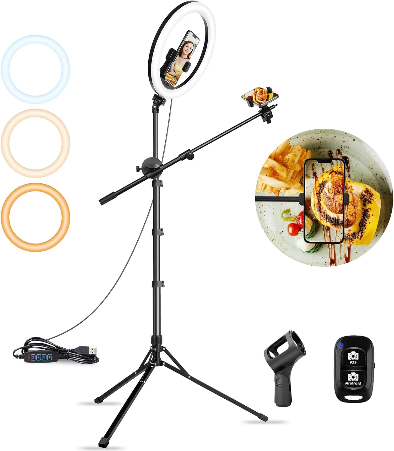 Aureday 12" Selfie Ring Light with Stand and Phone Holder, Overhead Ringlight Tripod for iPhone Photography-LED Circle Lighting with Mic Mount&Remote for Video Recording/Live Streaming/Singing/Cooking