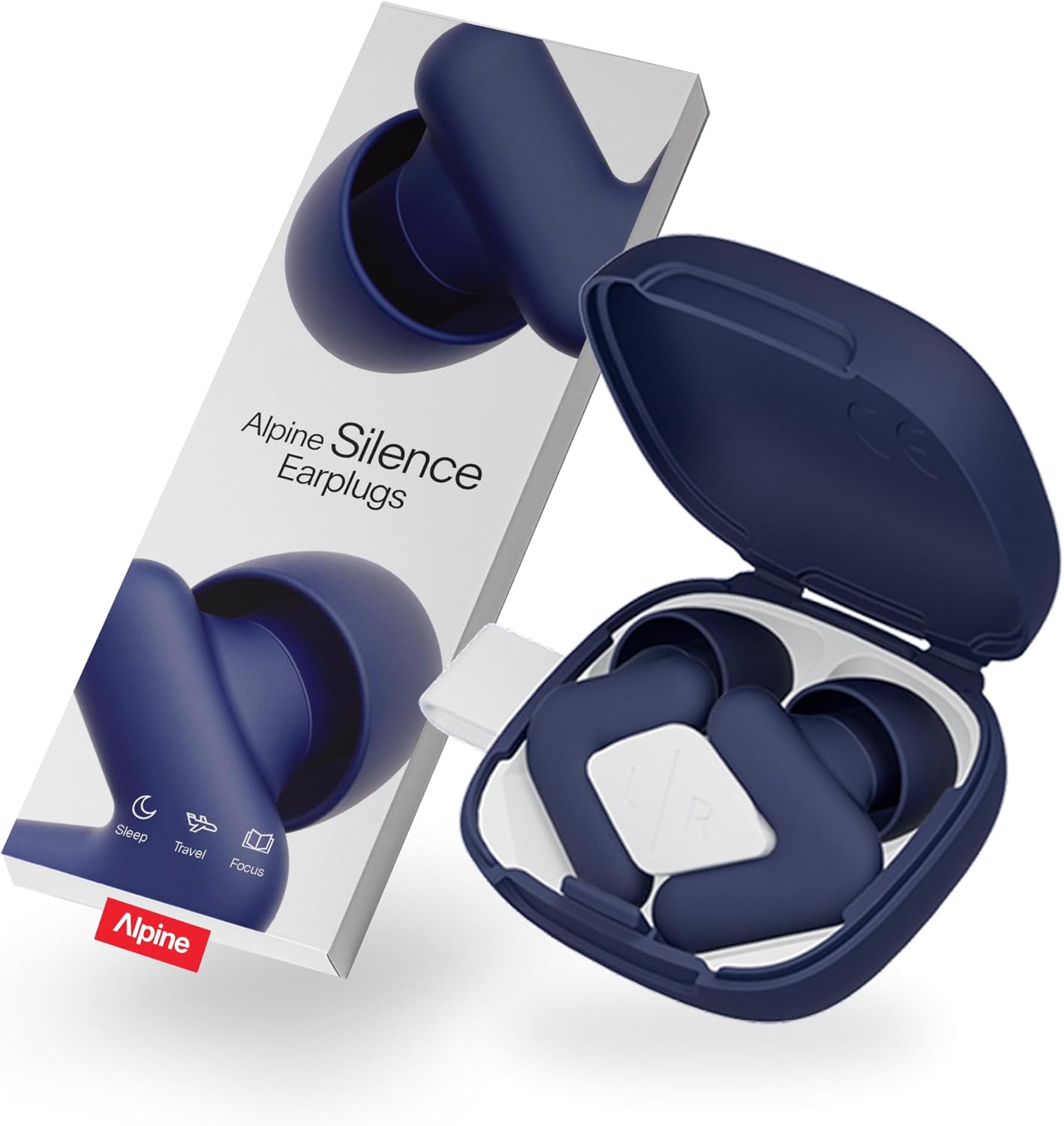 Alpine Silence Ear Plugs for Sleep, Focus & Travel - Comfortable, Travel Essential, Noise Cancelling Ear Plugs, V-Shape Snug Fit & Soft Oval Tips, 4 Sizes XS/S/M/L, Reusable - Midnight Blue