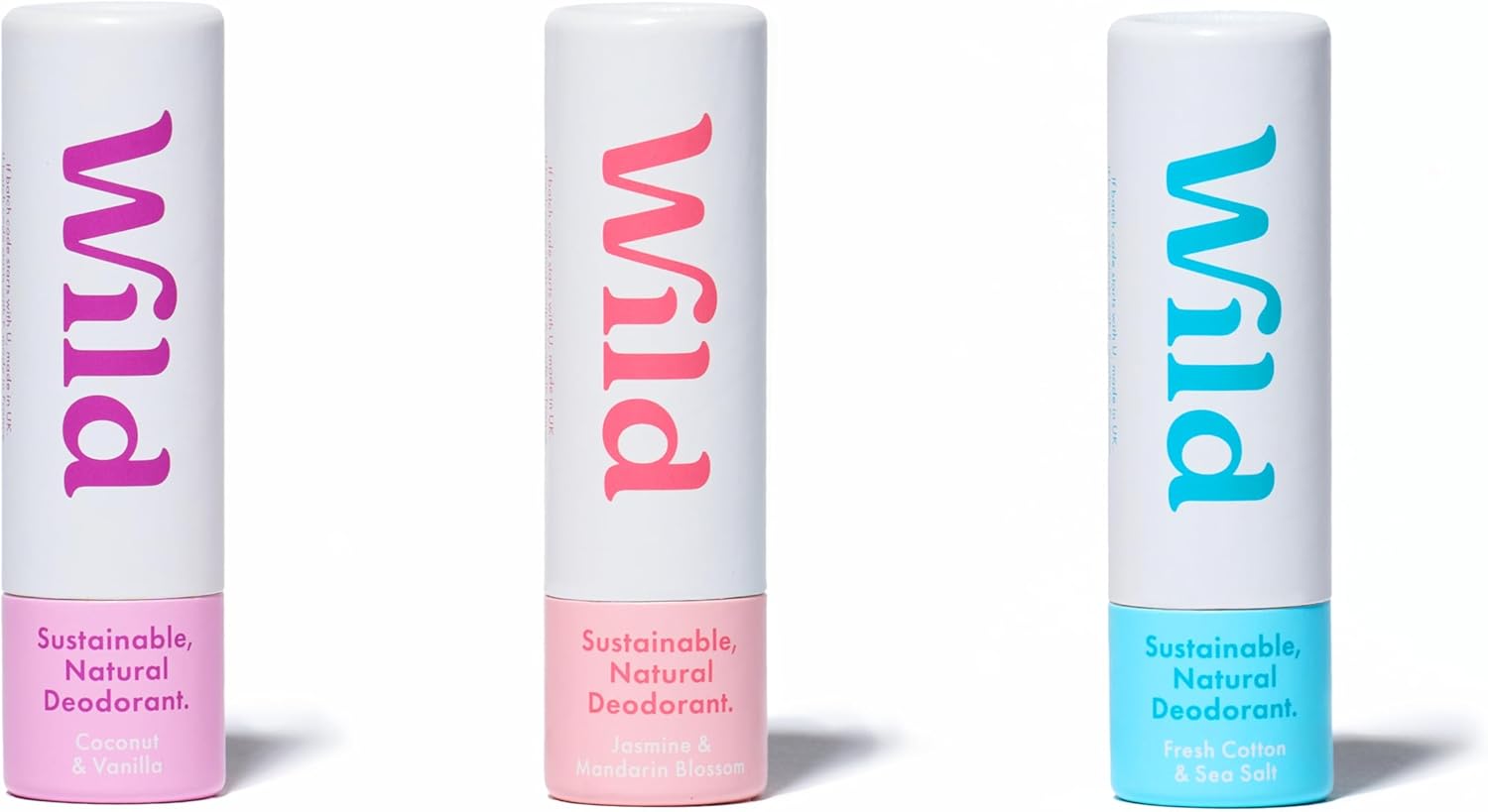 Wild - Pack of 3 Mini Deodorants - Natural Ingredients & Aluminium Free - Long Lasting Protection - Great for Holiday & Travel - Plastic Free - Vegan & Eco-Friendly - Trial Size