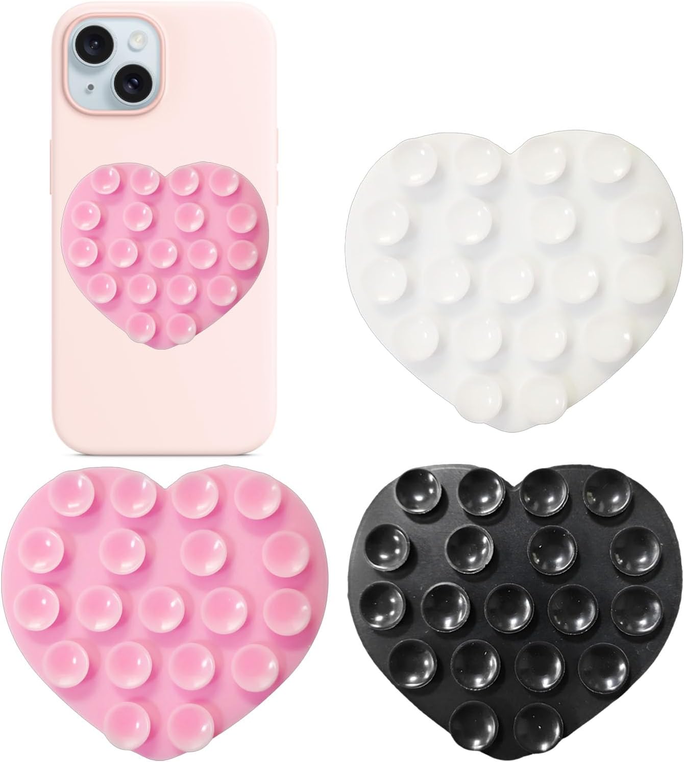 Heart-Shaped Silicone Phone Sticky Grip - Adhesive Back Phone Holder for iPhone & Android, Selfie Mirror Mount with Strong Suction Cup, Hands-Free Grip for Phone Case (Pink, White, Black)