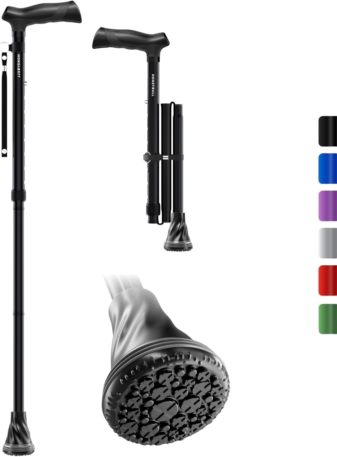 HONEYBULL Foldable Walking Cane for Seniors & Adults – Adjustable 8 Height Settings 30-37", Lightweight Collapsible Cane with Air Cushion Tip, Ergonomic Comfort Grip & Wrist Strap